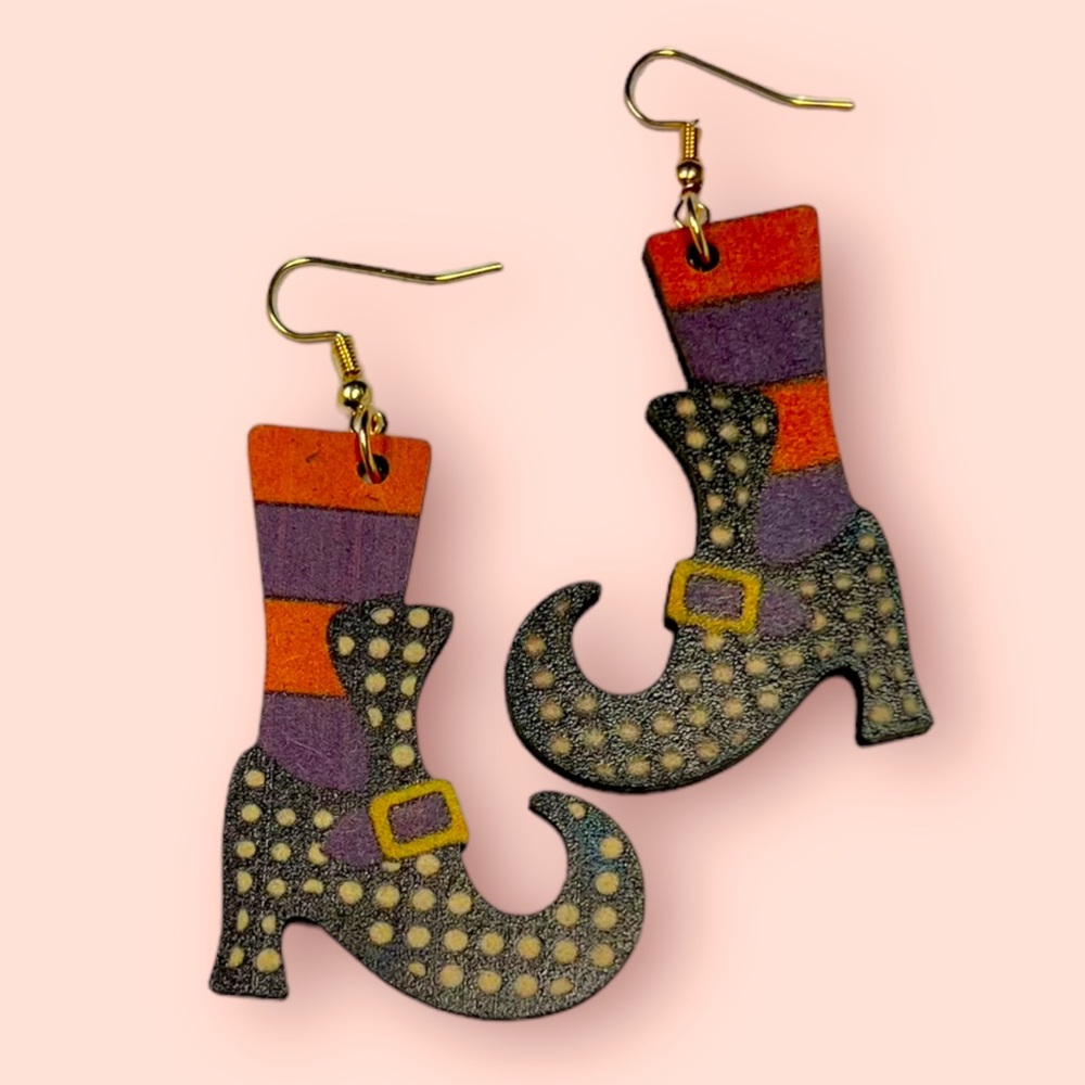 Halloween Orange Collectible Autumn Witch Boots Wooden Drop Earring New